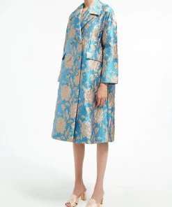 Huishan Zhang HELEN COAT AQUA/GOLD JACQUARD