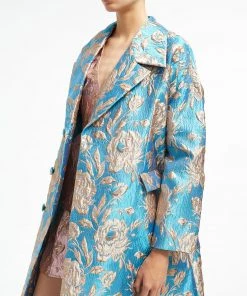 Huishan Zhang HELEN COAT AQUA/GOLD JACQUARD