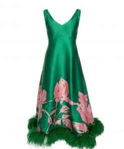 Huishan Zhang ISABEL DRESS GREEN/PINK PRINTED SATIN DRESSES