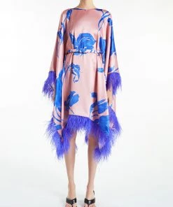 Huishan Zhang GEMMA DRESS BLUE/PINK PRINTED SATIN