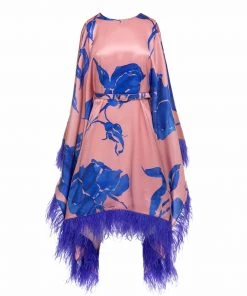 Huishan Zhang GEMMA DRESS BLUE/PINK PRINTED SATIN