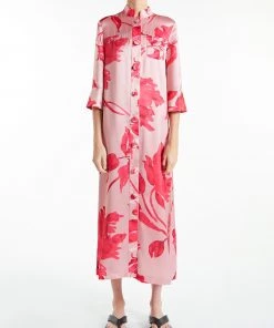 Huishan Zhang AMBER DRESS PINK/FUCHSIA PRINTED SATIN